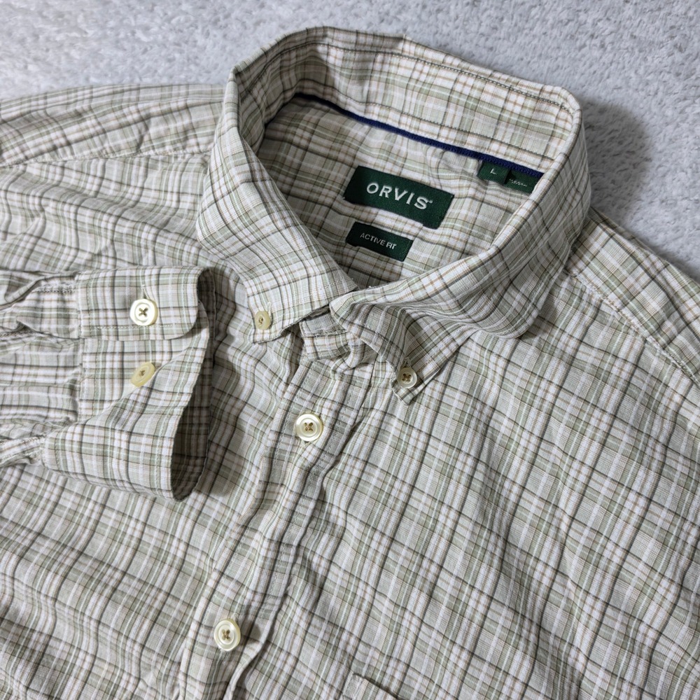 Orvis Button Down Shirt Mens L Tan Plaid Active Fit L/S Cotton Lightweight